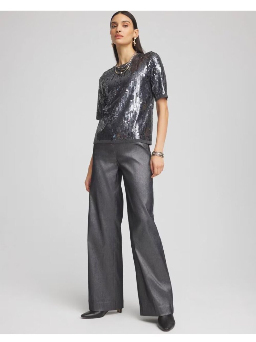NWT CHICO'S So Slimming Brigitte Wide Leg Pants Silver Gray Glamour Size 1.5/10
